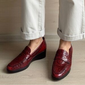 Donald J. Pliner Women’s Red Leather Croc-Embossed Wedge Penny Loafers